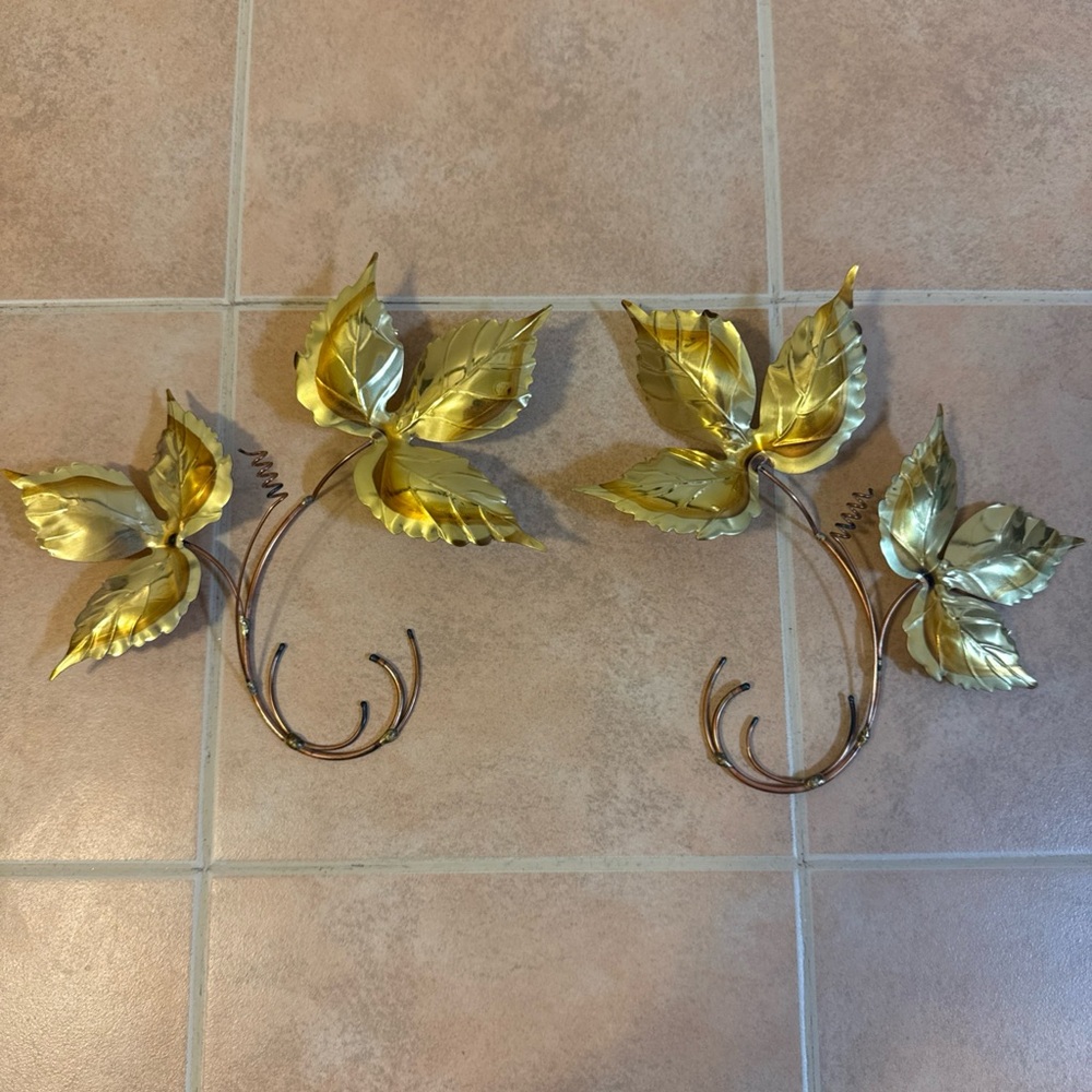 Brass & Copper 2 Pc Set Of Fall Ivy Leaf Wall Hanging Decor 7" Mixed Metal
